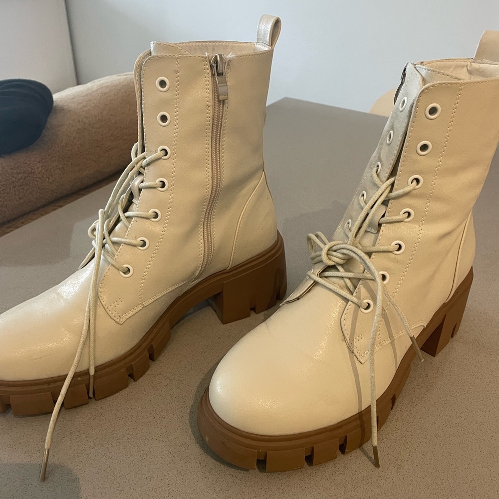 White leather lace up chunky combat boots